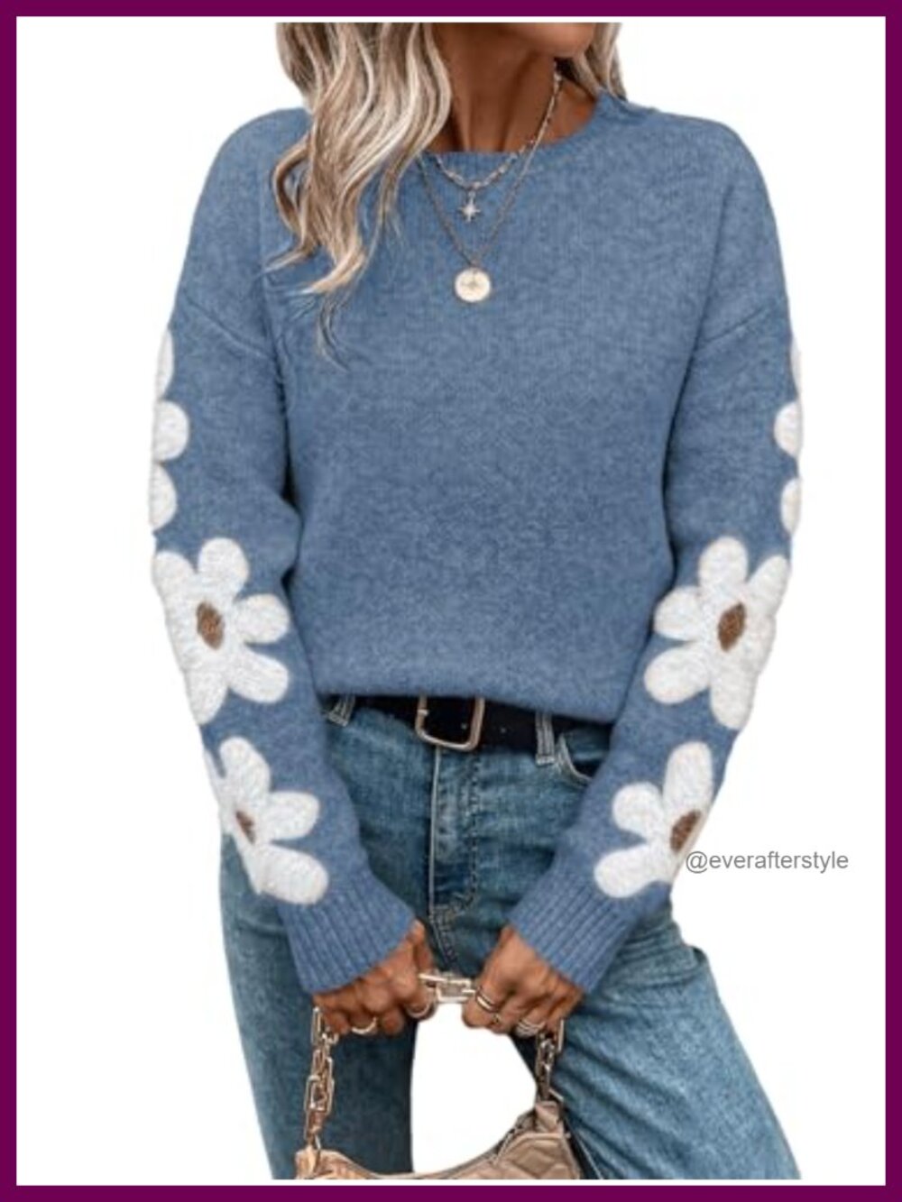 Floral Crewneck Drop Shoulder Pullover Sweater Long Sleeve Women's